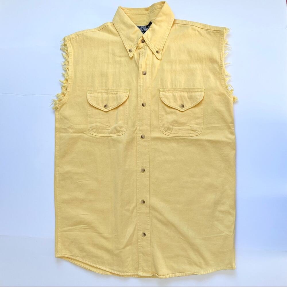 Men's Liberty Wear Yellow Denim Cut Off Top Button Up Collared Tank Top Small